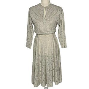Vintage 70s Ronnie Heller Knit Dress 6 Ivory Elastic Waist Union Made Key Hole